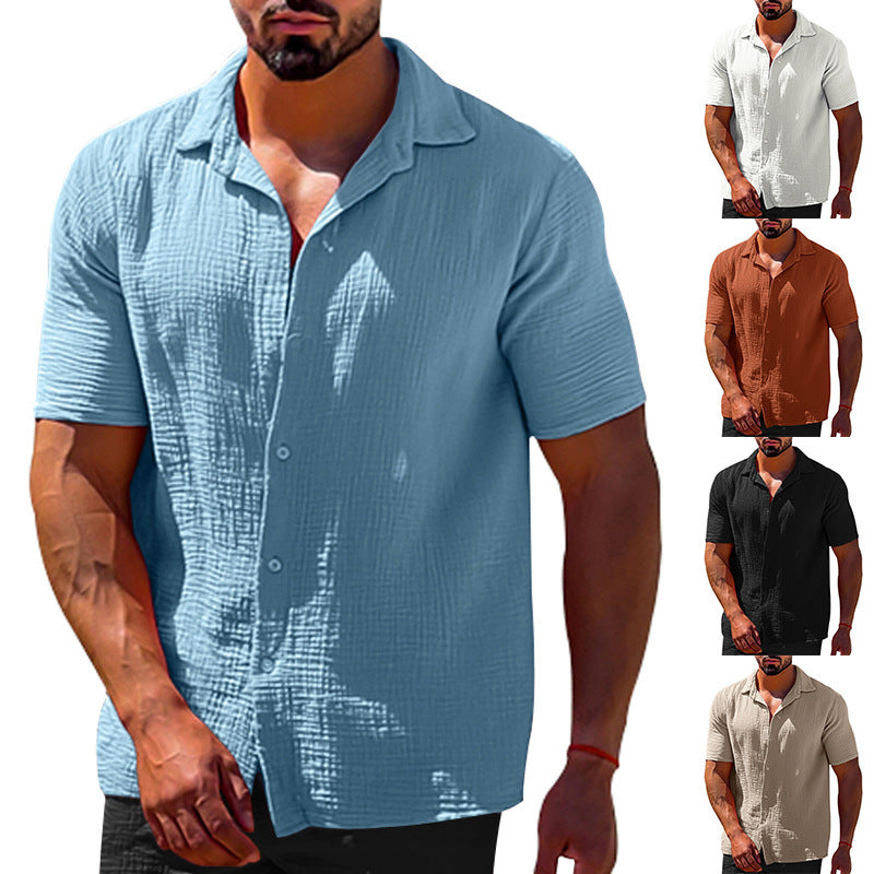 Polo Collar Solid Color Short Sleeve Button Men's Linen Shirts