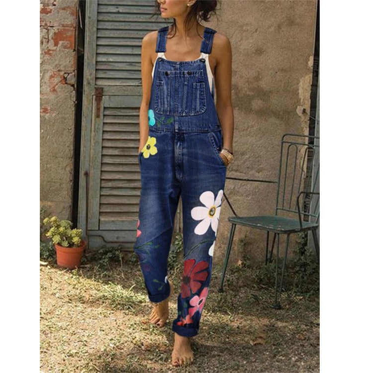 Denim overalls printed washed denim overalls