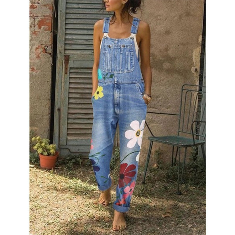 Denim overalls printed washed denim overalls