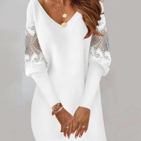 Long-sleeved V-neck Dress Spring And Autumn New Style Lace Splicing Dress For Womens Clothing