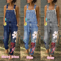 Denim overalls printed washed denim overalls