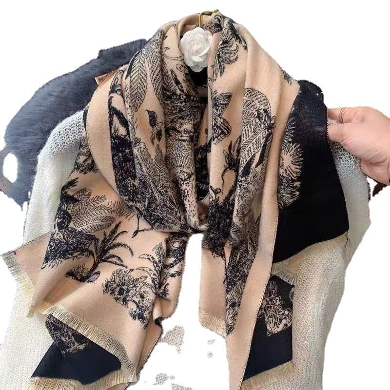 Versatile Cashmere-like Double-sided Tropical Rainforest Pattern Thickened Warm New Scarf For Women