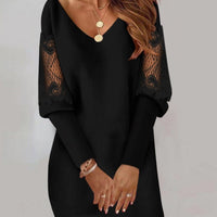 Long-sleeved V-neck Dress Spring And Autumn New Style Lace Splicing Dress For Womens Clothing