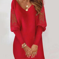 Long-sleeved V-neck Dress Spring And Autumn New Style Lace Splicing Dress For Womens Clothing