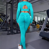 2pcs Sports Suits Long Sleeve Hollow Design Tops And Butt Lifting High Waist Seamless Fitness Leggings Sports Gym Sportswear Outfits Clothing